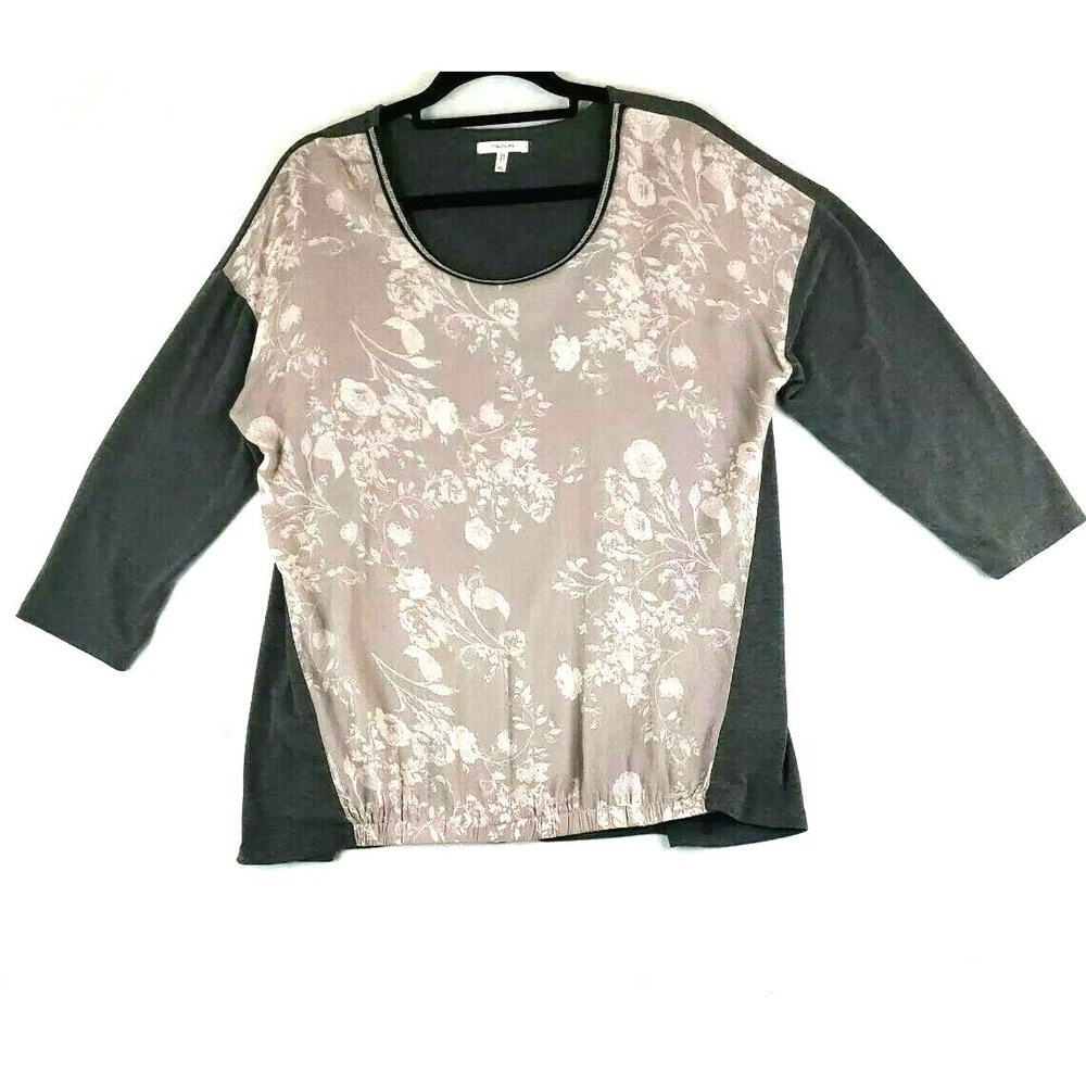 Maurices Women XL Blouse Tan Gray Floral 3/4 Sleeve Stretch Pullover
